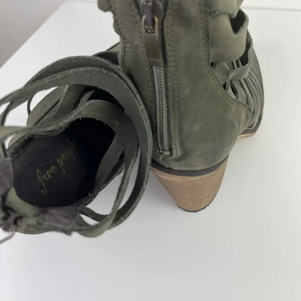 Free People Hybrid Gray Green Leather Strappy Ankle Boots Wood Heel 38 7.5/8